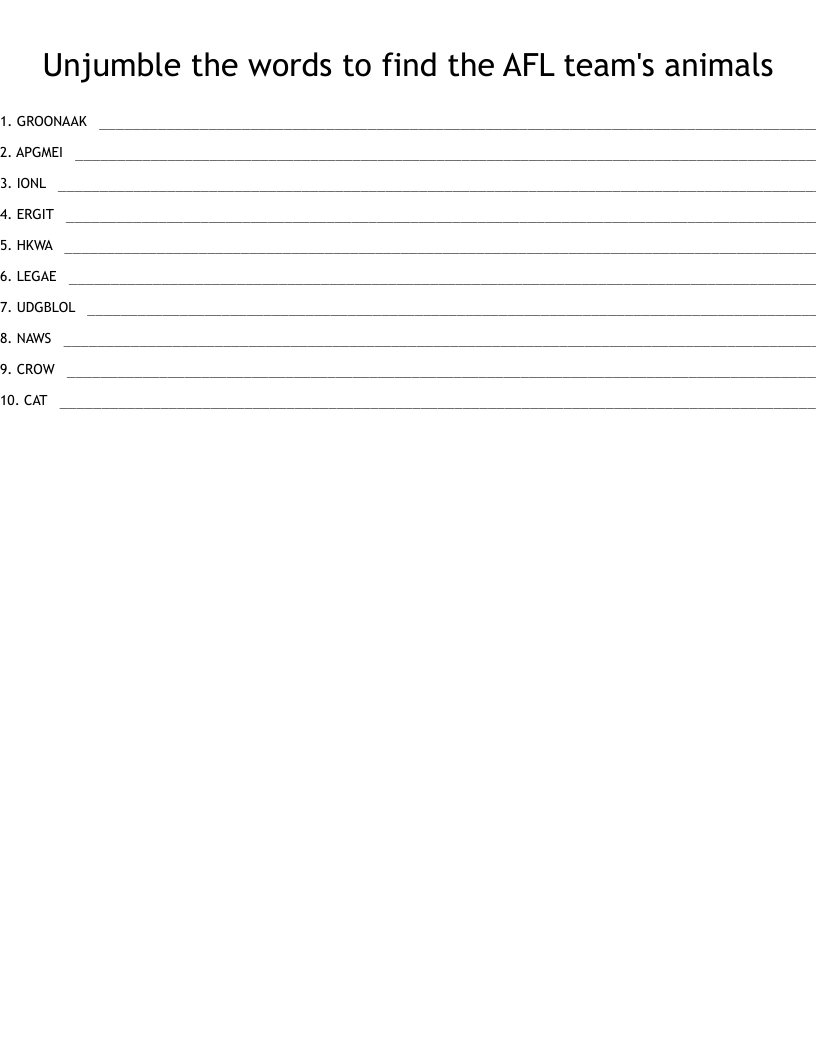 Unjumble the words to find the AFL team's animals Word Scramble