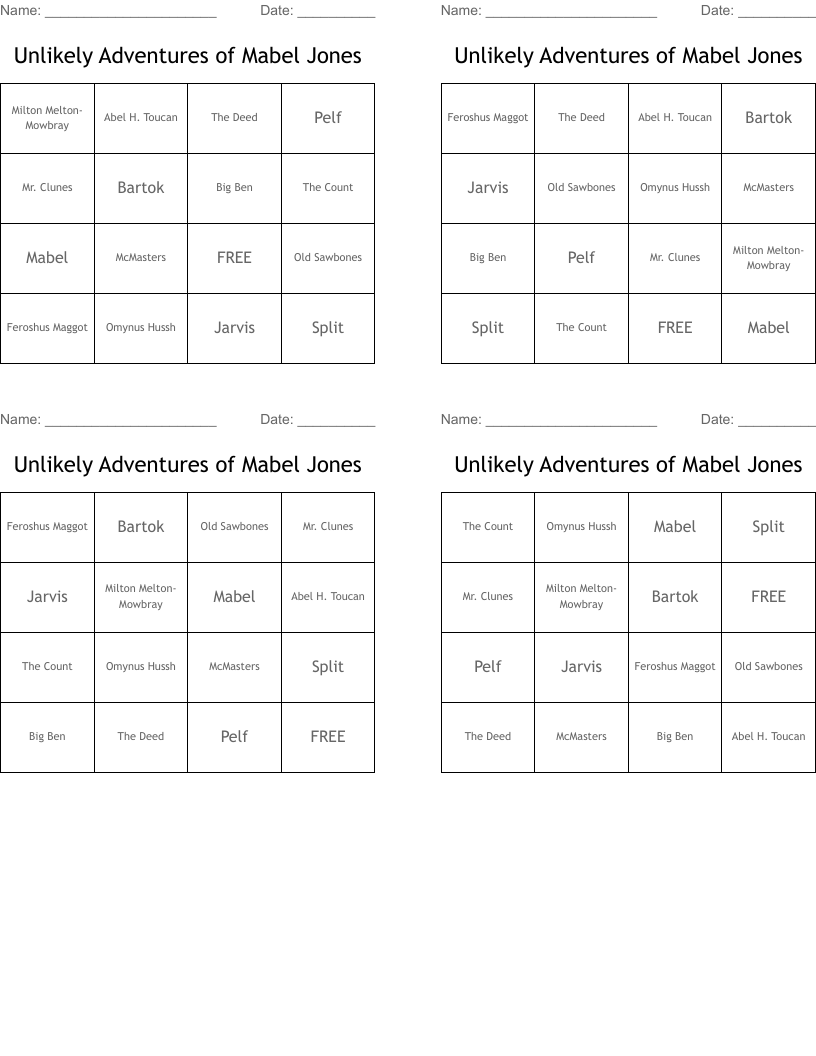 Unlikely Adventures of Mabel Jones Bingo Cards