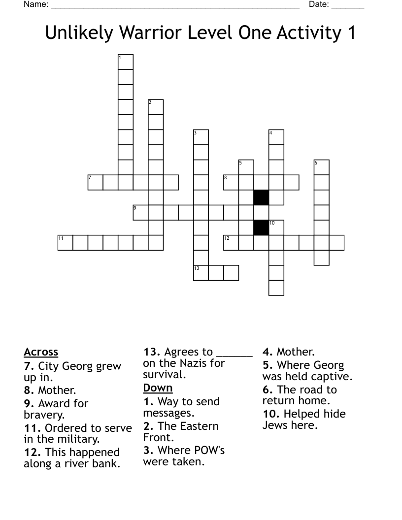 Unlikely Warrior  Level One Activity 1 Crossword