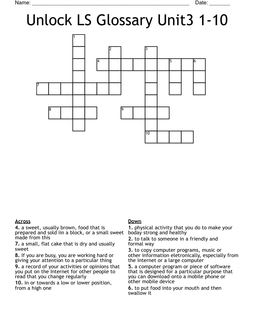Unlock LS Glossary Unit3 1-10 Crossword
