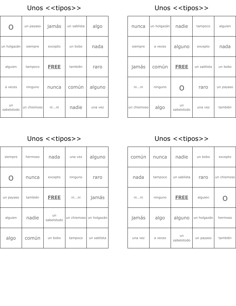 Unos <<tipos>> Bingo Cards
