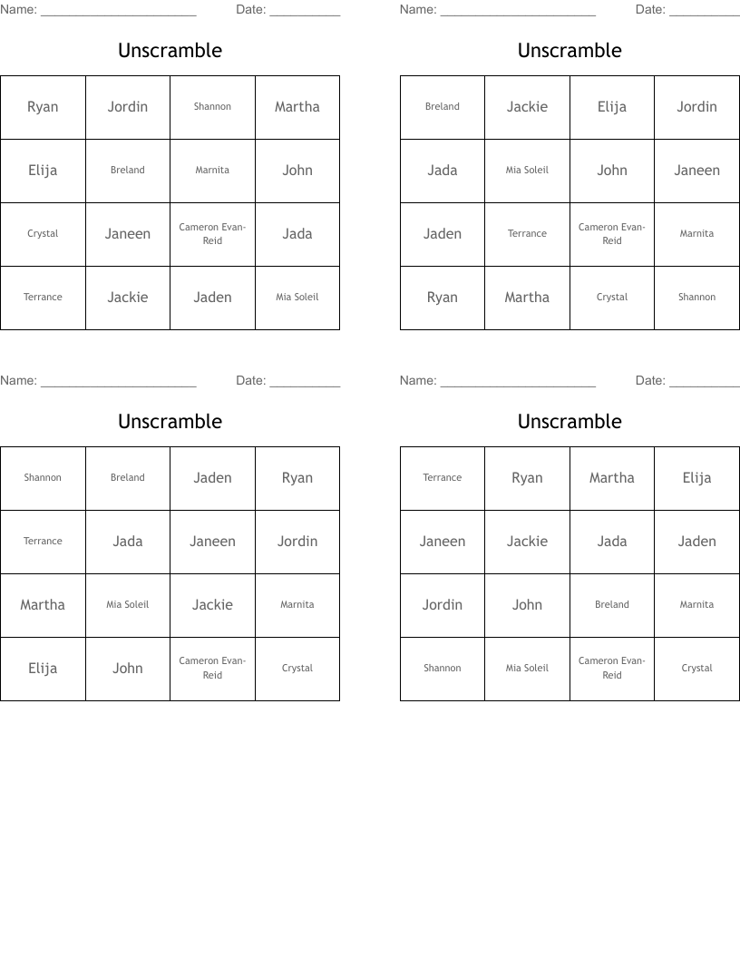Unscramble Bingo Cards