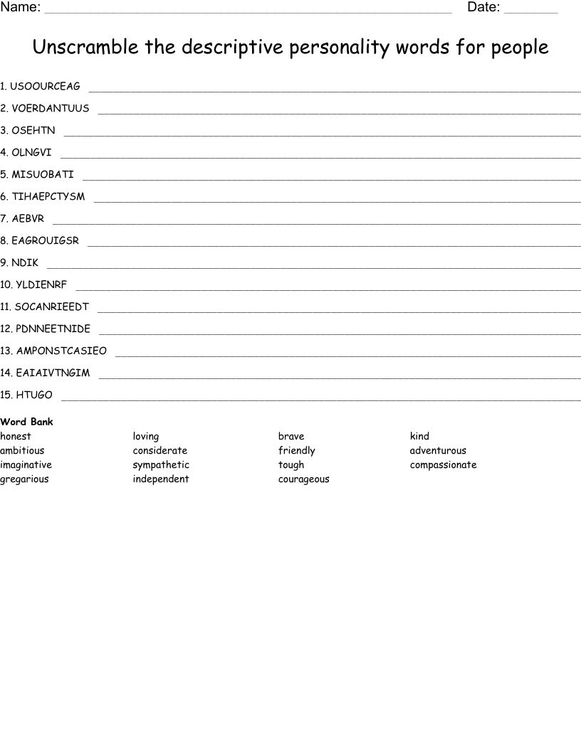 Unscramble the descriptive personality words for people 