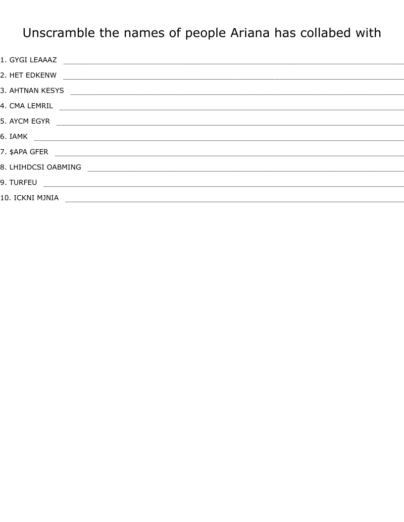 Unscramble the names of people Ariana has collabed with 