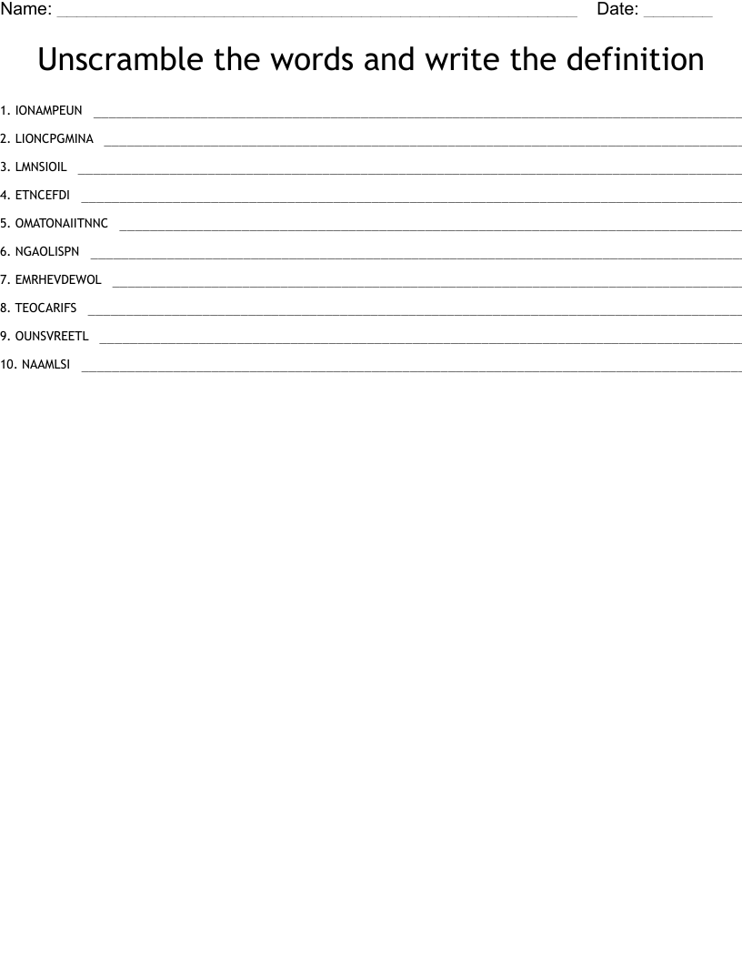 Unscramble the words and write the definition