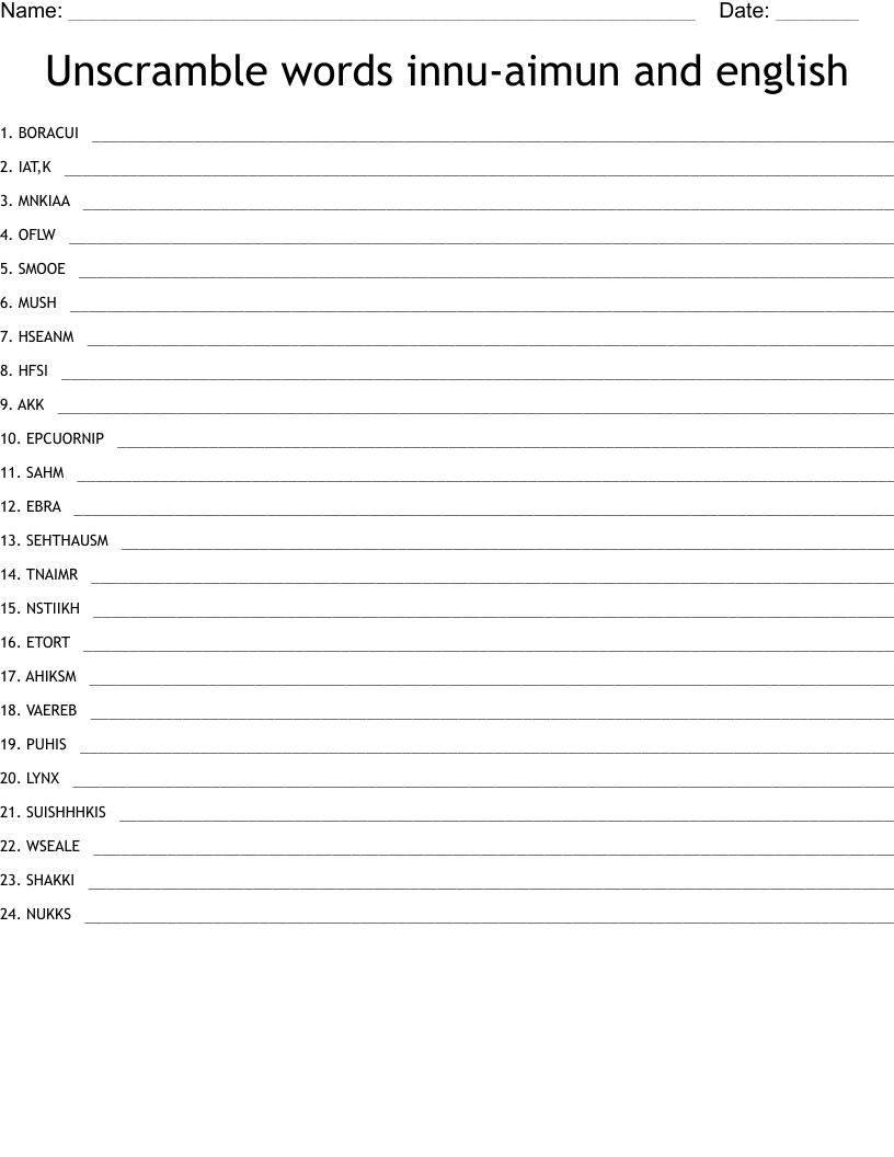 Unscramble words innu-aimun and english