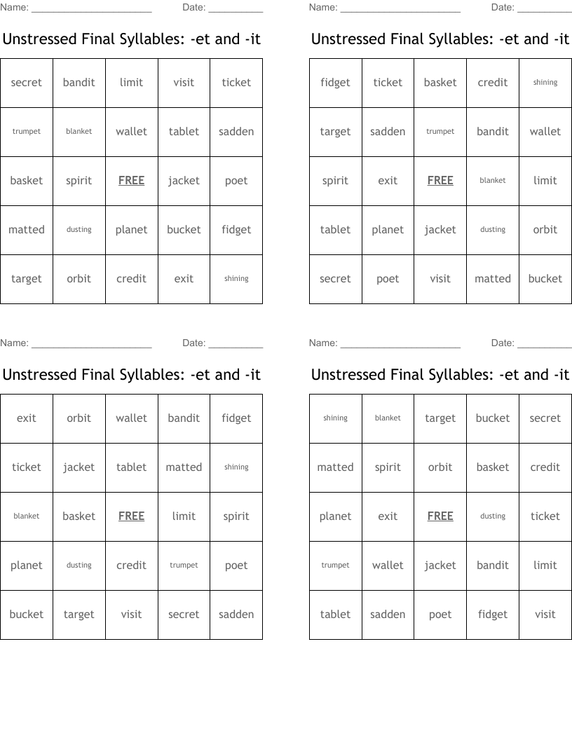 Unstressed Final Syllables: -et and -it Bingo Cards