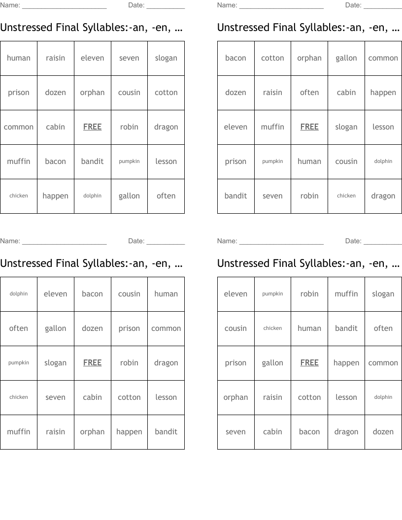 Unstressed Final Syllables:-an, -en, -in, -on Bingo Cards