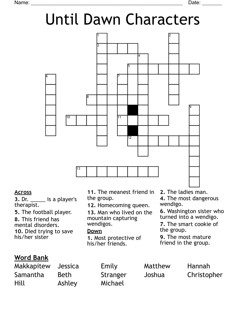 Until Dawn Characters Crossword