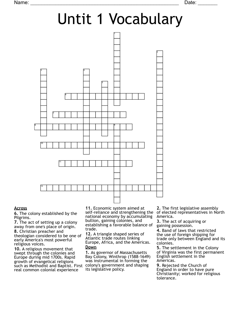 Untit 1 Vocabulary Crossword