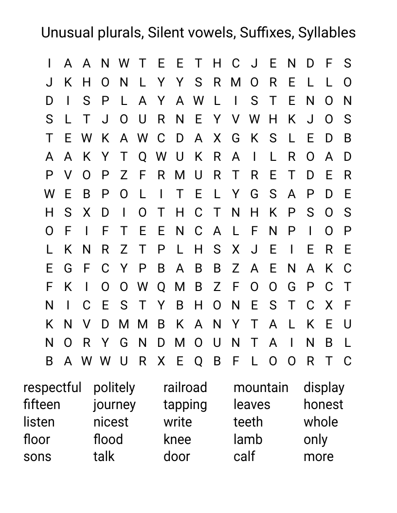 Unusual plurals, Silent vowels, Suffixes, Syllables Word Search