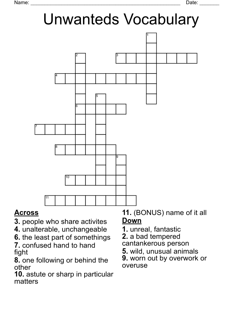 Unwanteds Vocabulary Crossword
