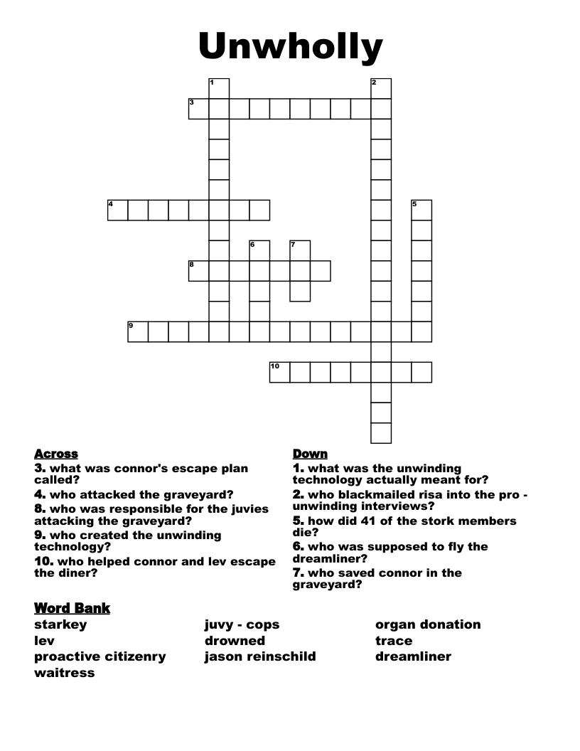 Unwholly Crossword