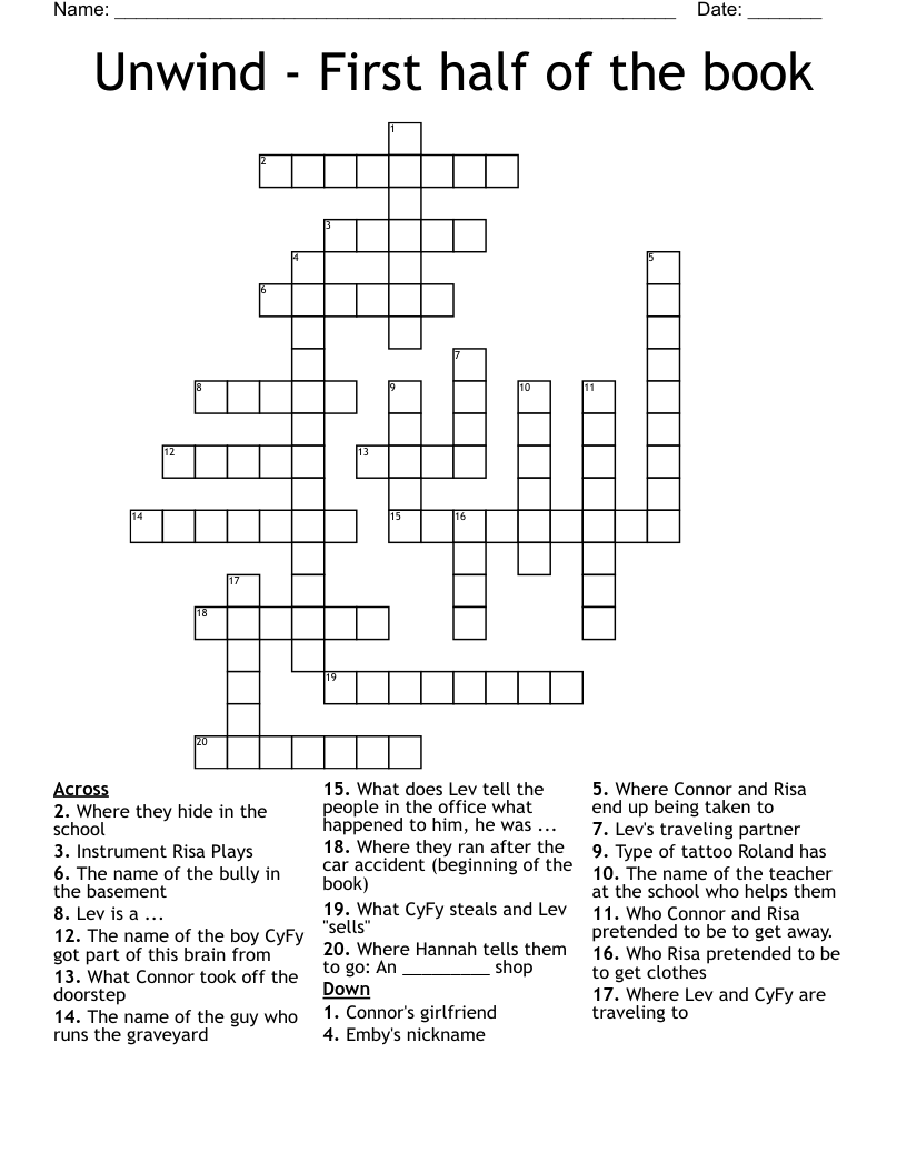 Unwind - First half of the book Crossword