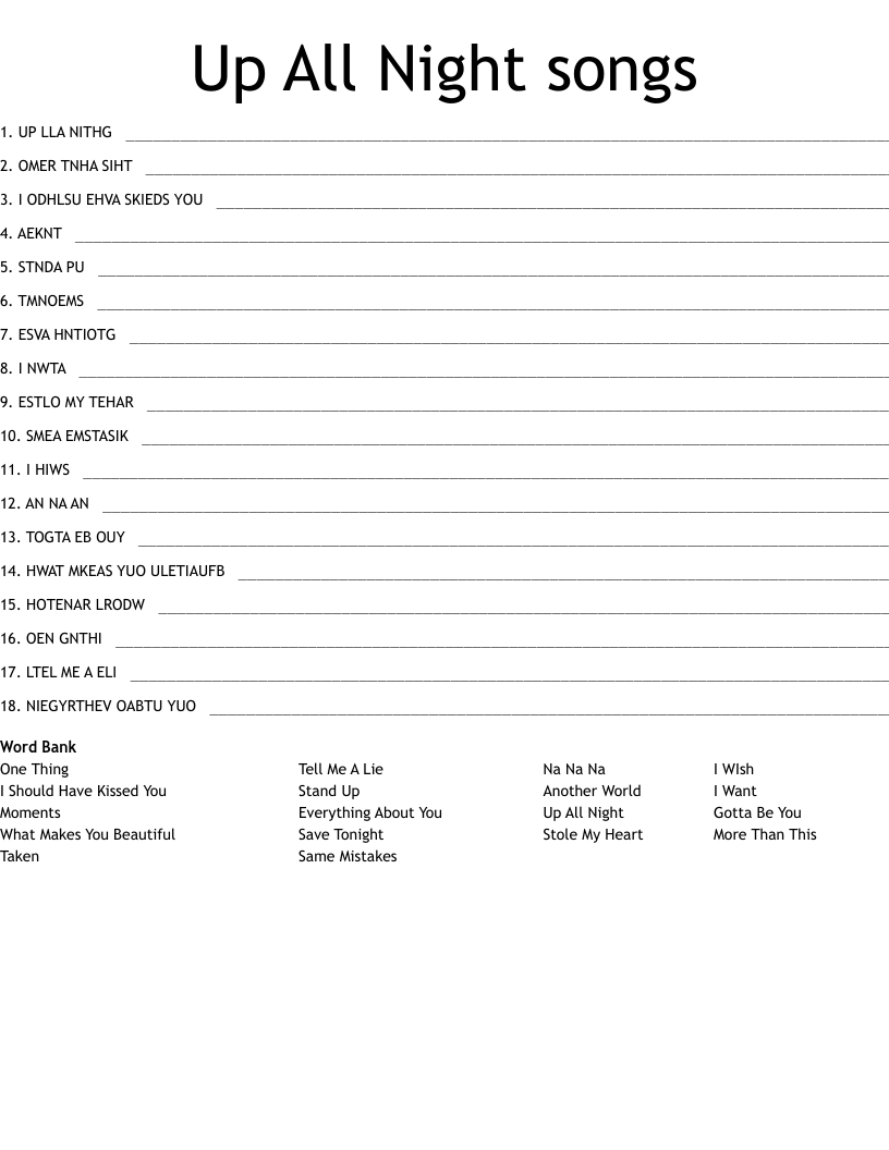 Up All Night songs Word Scramble