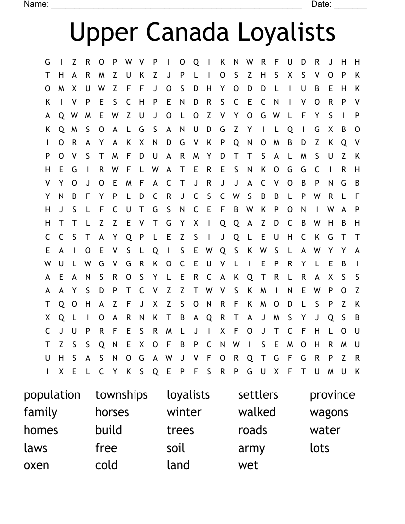 Upper Canada Loyalists Word Search