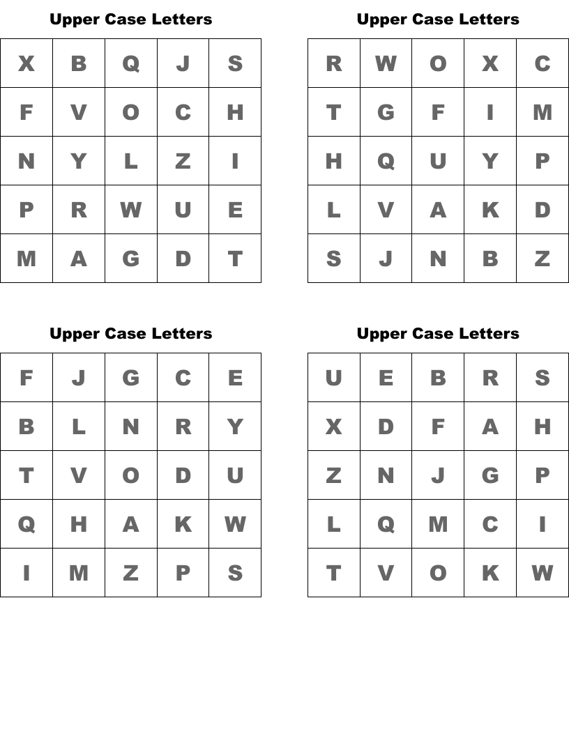 Upper Case Letters Bingo Cards