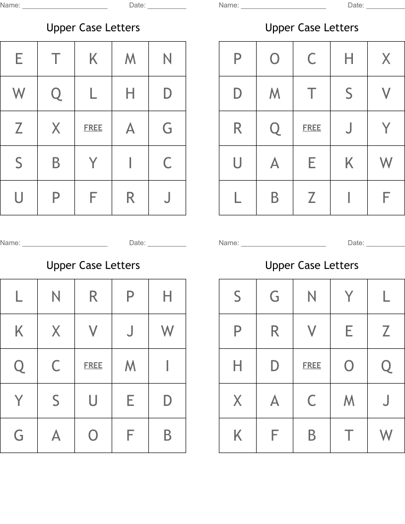 Upper Case Letters  Bingo Cards