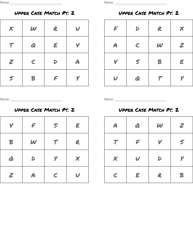 Upper Case Match Pt. 2 Bingo Cards