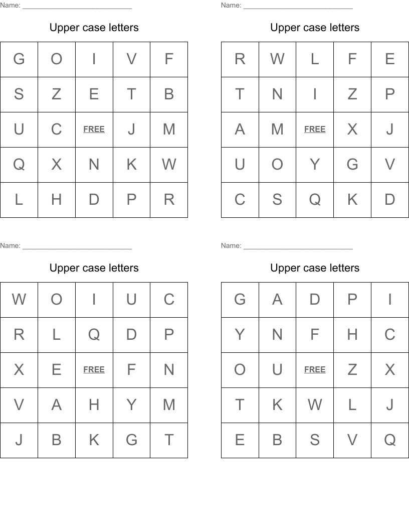Upper case letters Bingo Cards