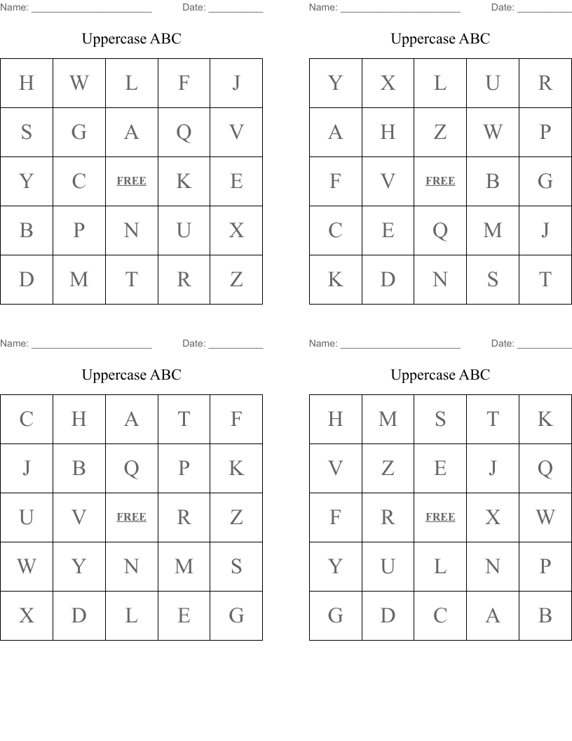 Uppercase ABC Bingo Cards
