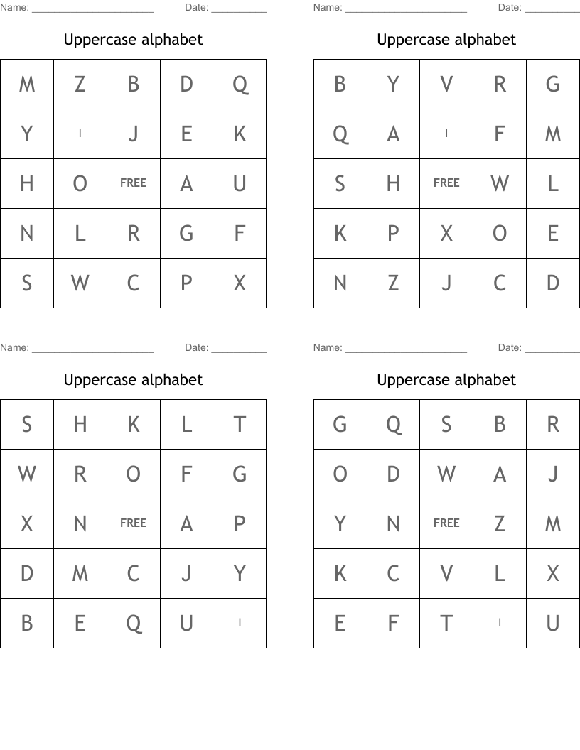 Uppercase alphabet Bingo Cards