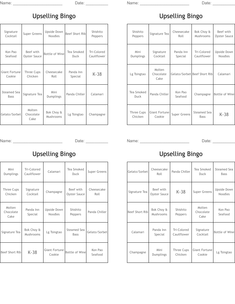 Upselling Bingo