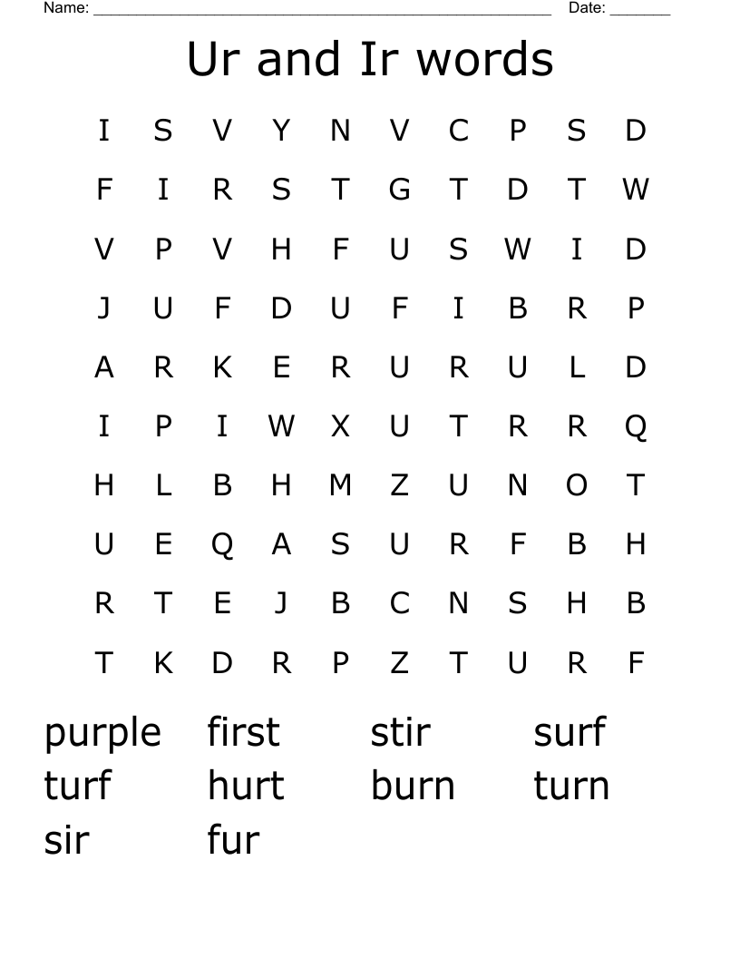 Ur and Ir words Word Search