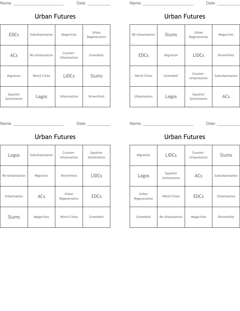 Urban Futures Bingo Cards