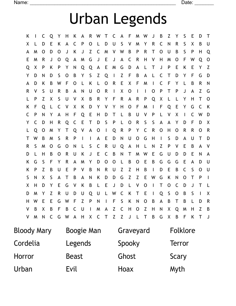 Urban Legends Word Search