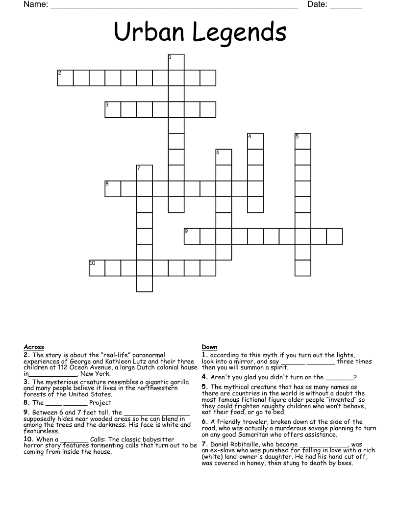 Urban Legends Crossword