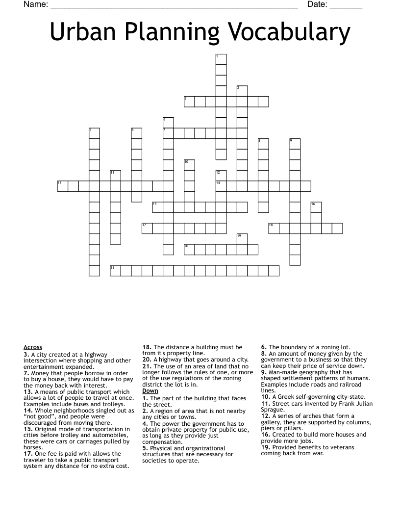 Urban Planning Vocabulary Crossword