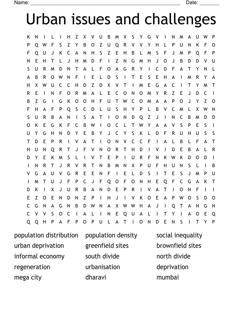 Urban issues and challenges Word Search
