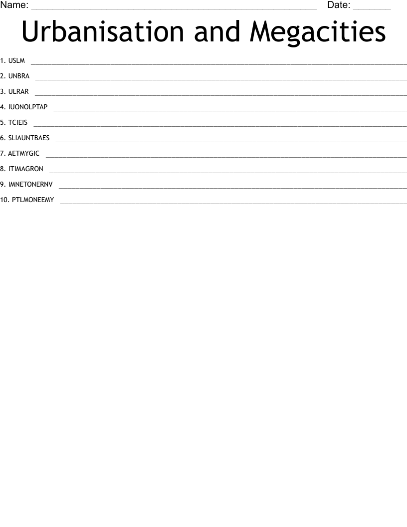Urbanisation and Megacities Word Scramble