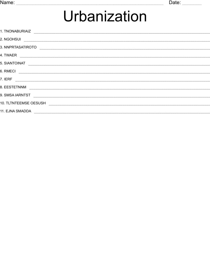Urbanization Word Scramble