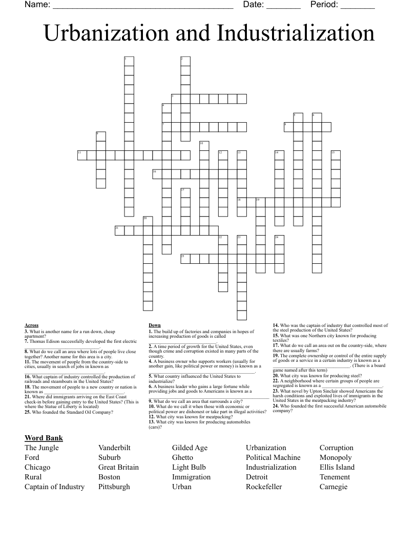 Urbanization and Industrialization Crossword