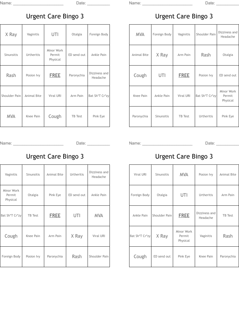 Urgent Care Bingo 3