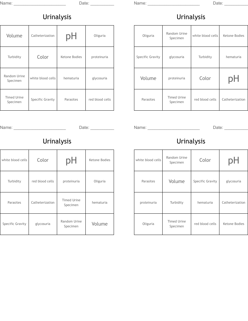 Urinalysis Bingo Cards