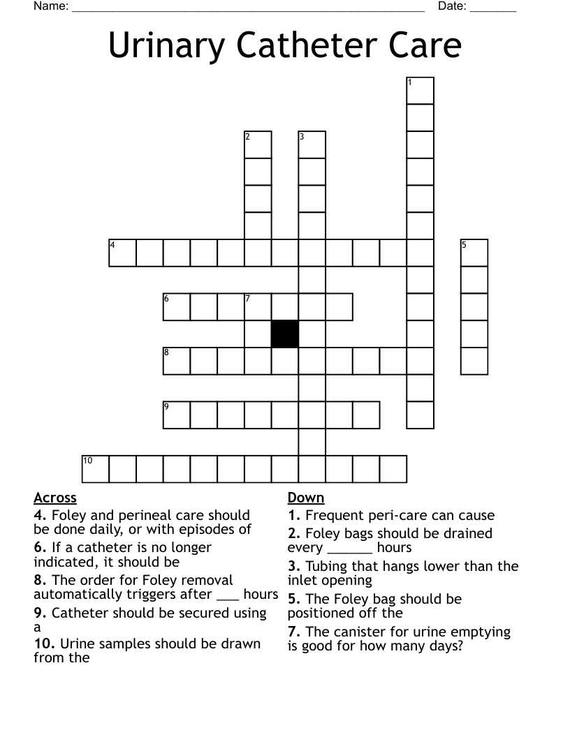 Urinary Catheter Care Crossword