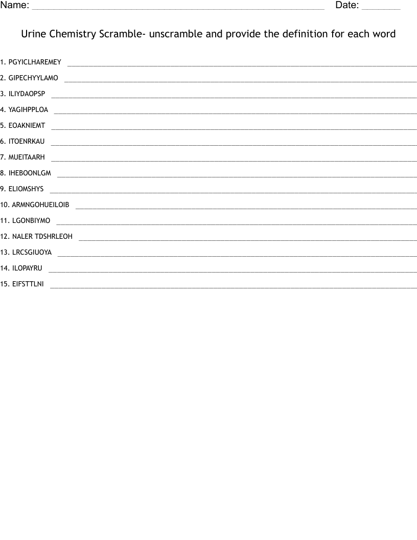 Urine Chemistry Scramble- unscramble and provide the definition for each word