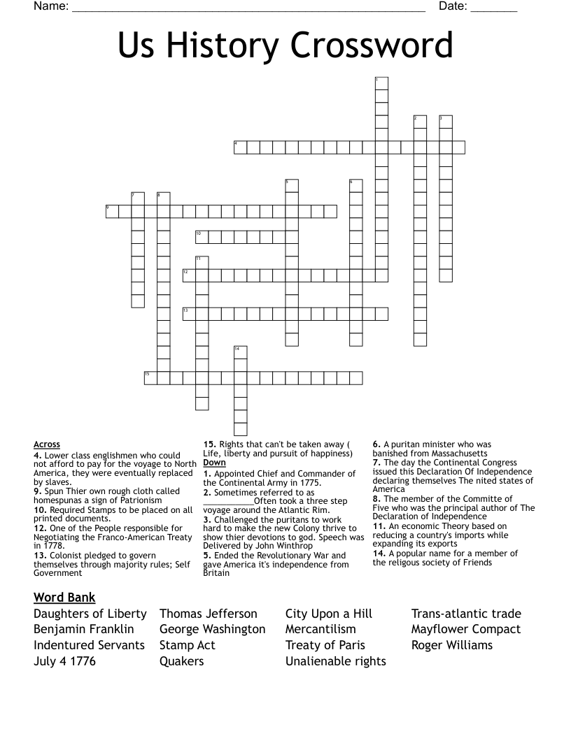 Us History Crossword 