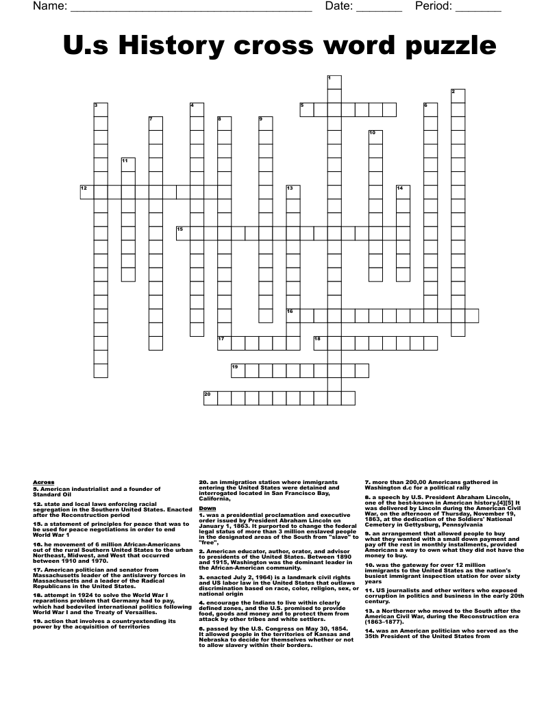 U.s History cross word puzzle 
