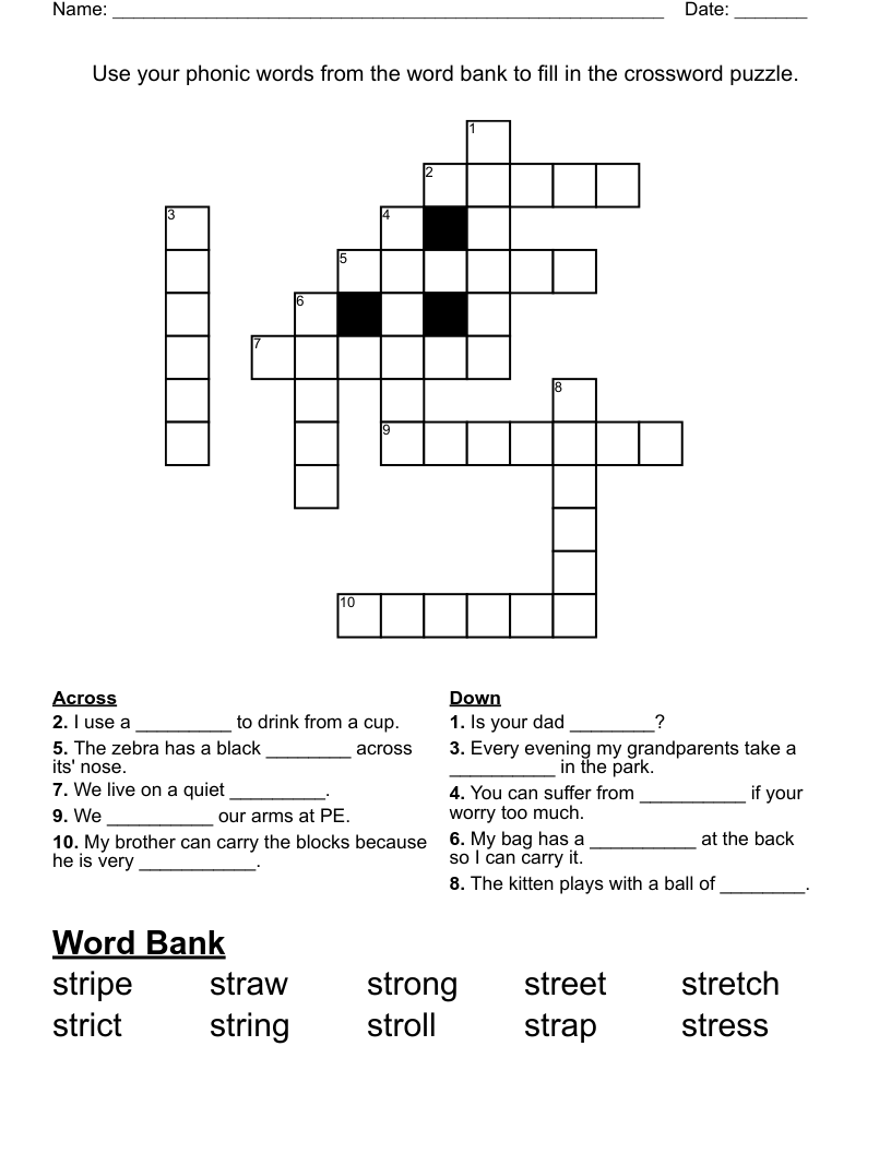 Use your phonic words from the word bank to fill in the crossword puzzle.
