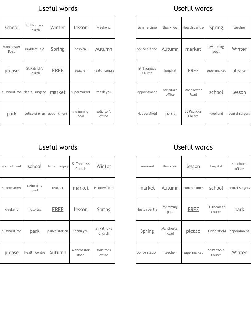 Useful words Bingo Cards
