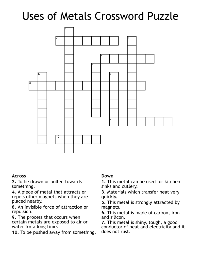 Uses of Metals Crossword Puzzle 
