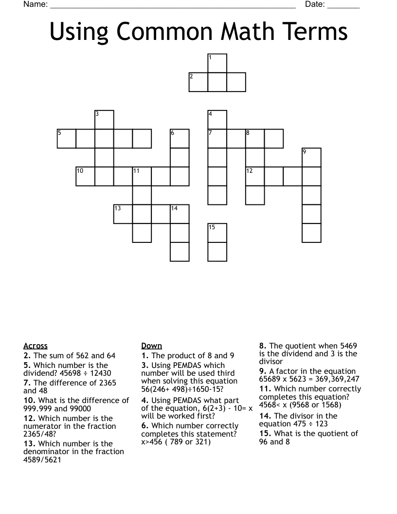 Using Common Math Terms Crossword