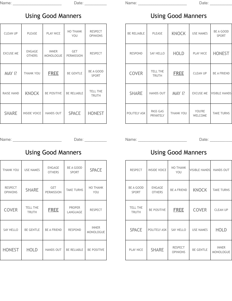 Using Good Manners Bingo Cards