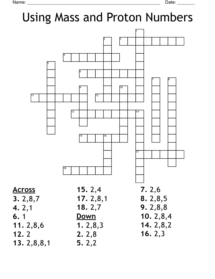 Using Mass and Proton Numbers Crossword