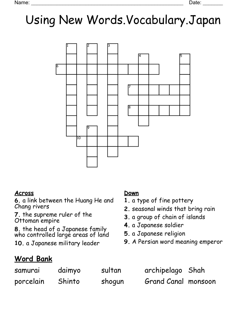 Using New Words.Vocabulary.Japan Crossword
