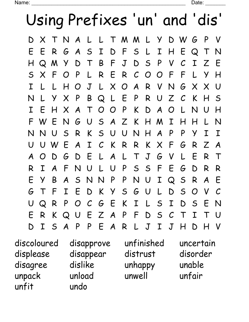 Using Prefixes 'un' and 'dis' Word Search